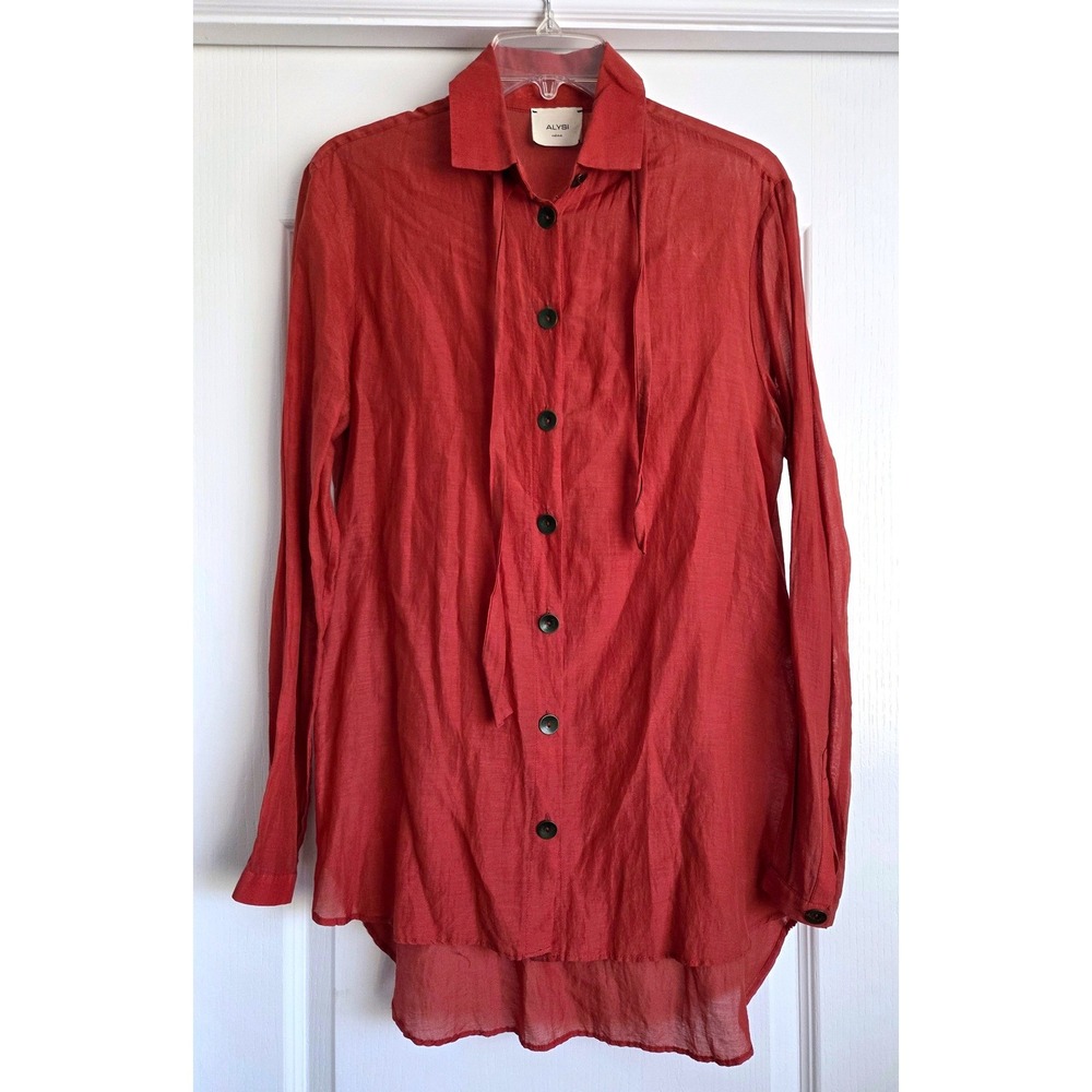 Alysi Creme Silk Tie Neck Blouse Burnt Red Button High Low Hem Made Italy Sz 4